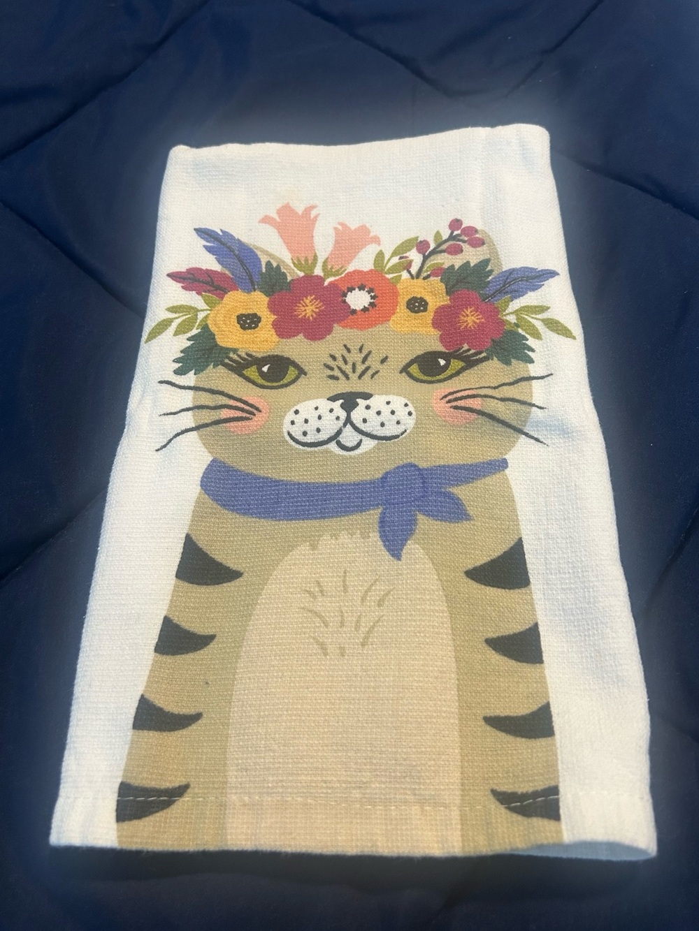Decorative Cat Print Kitchen Towel - White with Multicolor Floral Cat